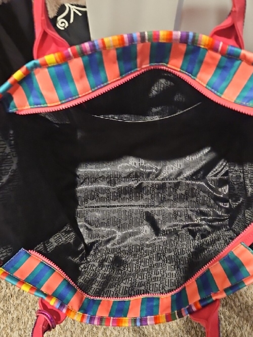 Colorful Striped Tote Bag - Multicolor Pink Trim - Picture 3 of 7